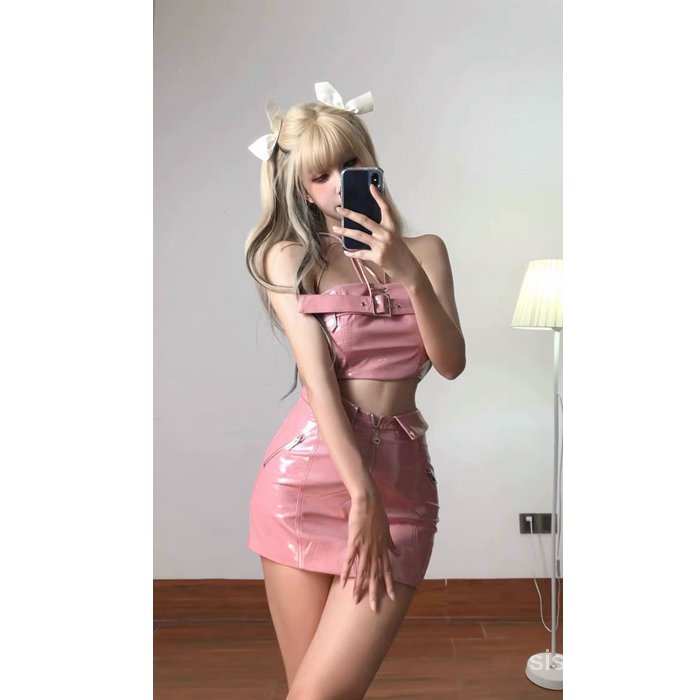 #Sisjuly# [Setelan Dua Potong] Atasan Tank Selubung Pendek Merah Muda Wanita + Rok Kulit Pinggang Pinggul