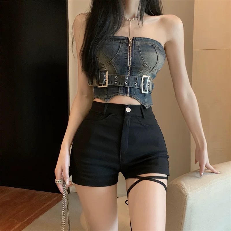 Lm boutique~(S-XXL) highwaist hotpants CROSS PANTS CELANA pendek WANITA