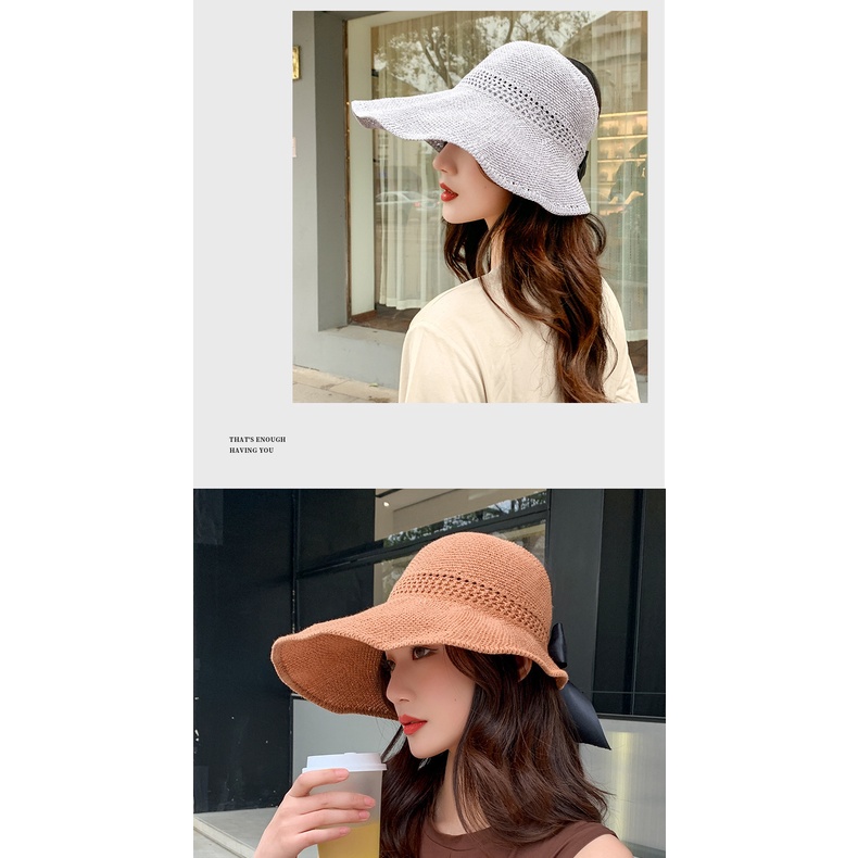 Topi Pantai Rajut Pita Korea Fashion Topi Wanita Bisa Dilipat Topi Rajut Sun Visor Hat - BM01