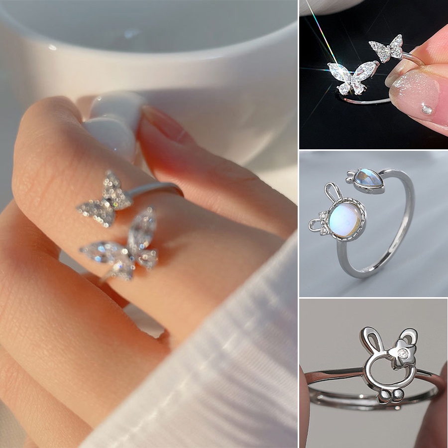 Cincin Zircon Bentuk Kupu-Kupu Bahan S925 Silver Gaya Korea Untuk Wanita