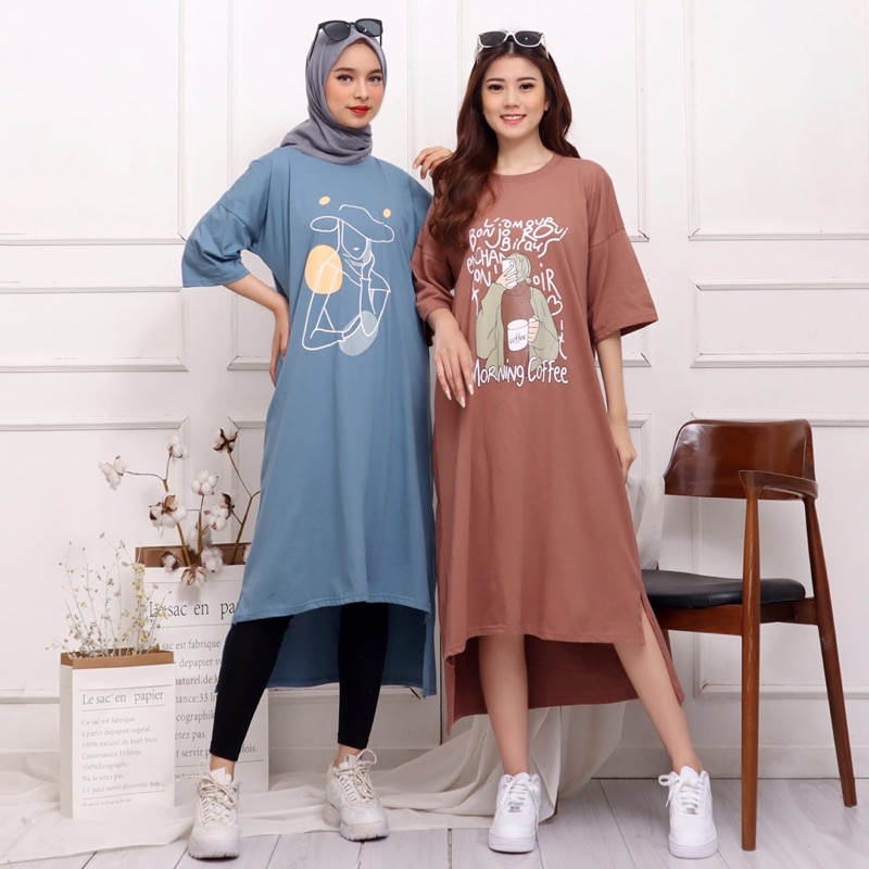 TUNIK COMBED DRESS MIDI MOTIF SABLON GAMBAR BASIC OVERSIZED PANJANG LONG KAOS DRESS TSHIRT POLOS KATUN KAOS TUNIK SIMPLE KOREAN