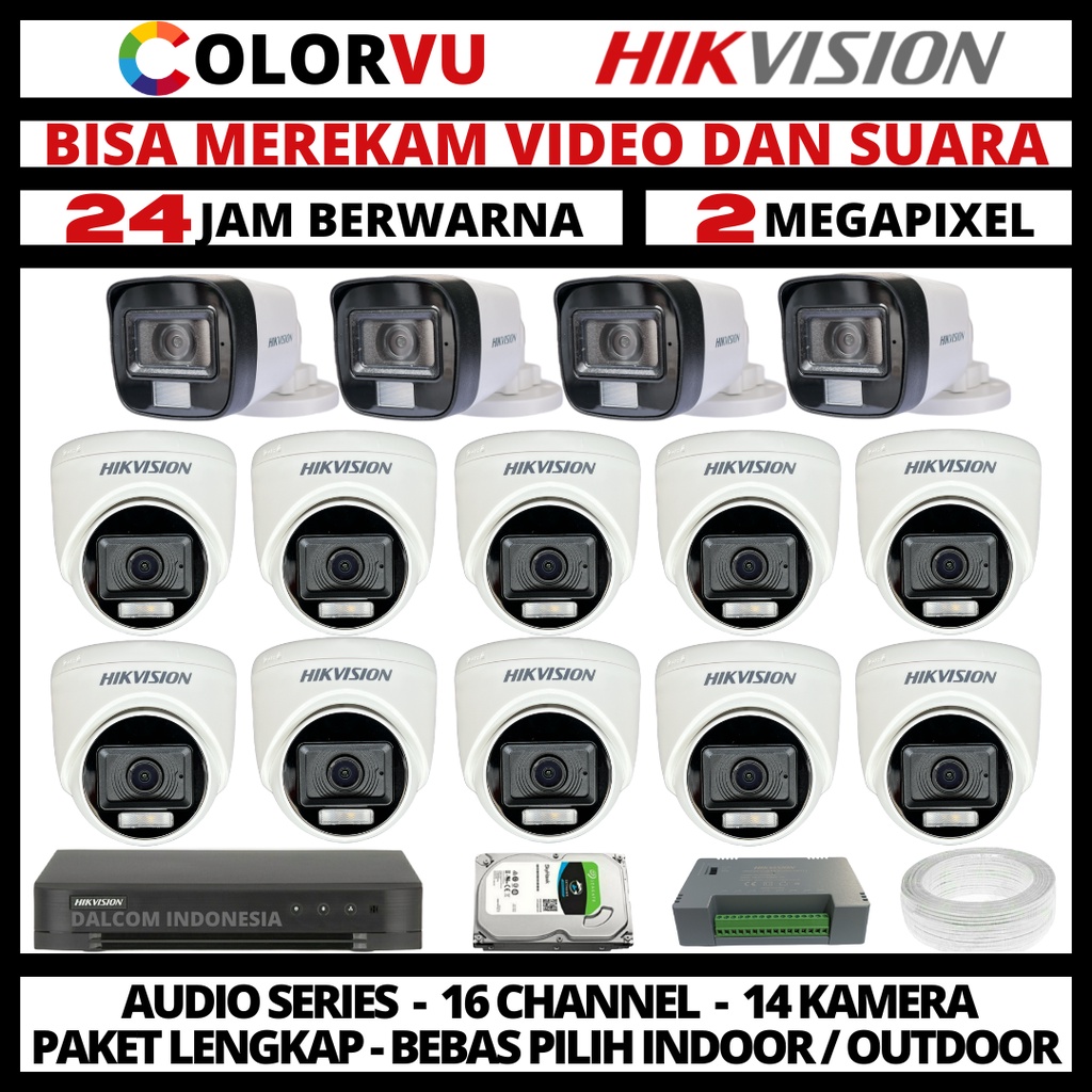 PAKET CCTV HIKVISION COLORVU 2MP 16 CHANNEL 14 KAMERA COLORFUL