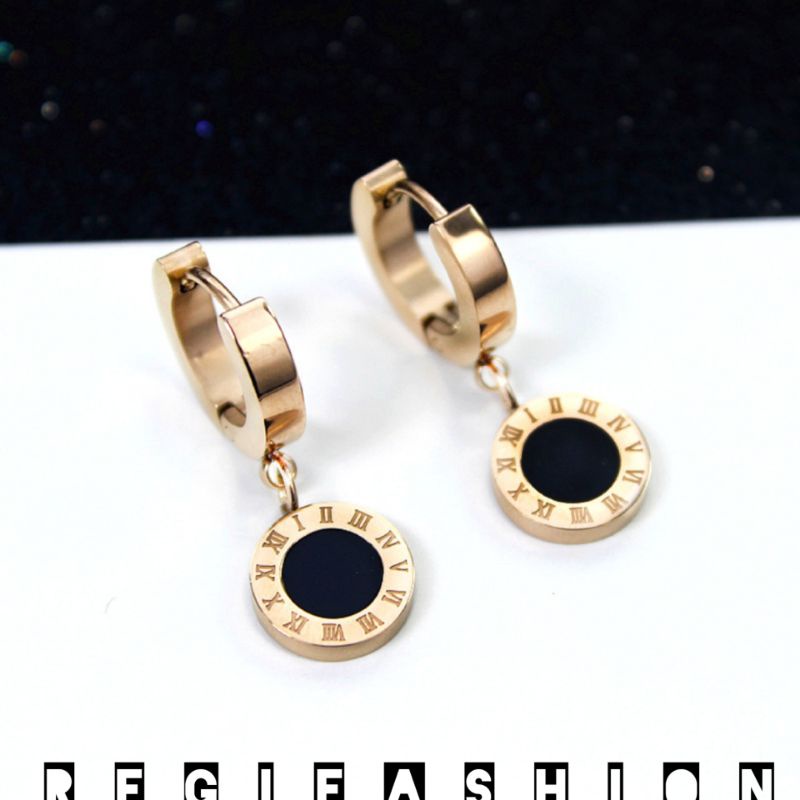 { COD } ANTING TITANIUM WANITA MOTIF JAM ROMAWI MATA HITAM ANTING WANITA MODEL TERBARU