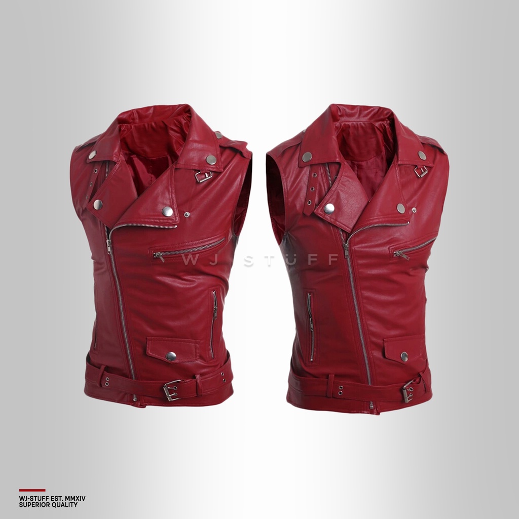 WJ Stuff - Rompi Kulit Sintetis Pria Rock n Roll Vest Hitam Merah