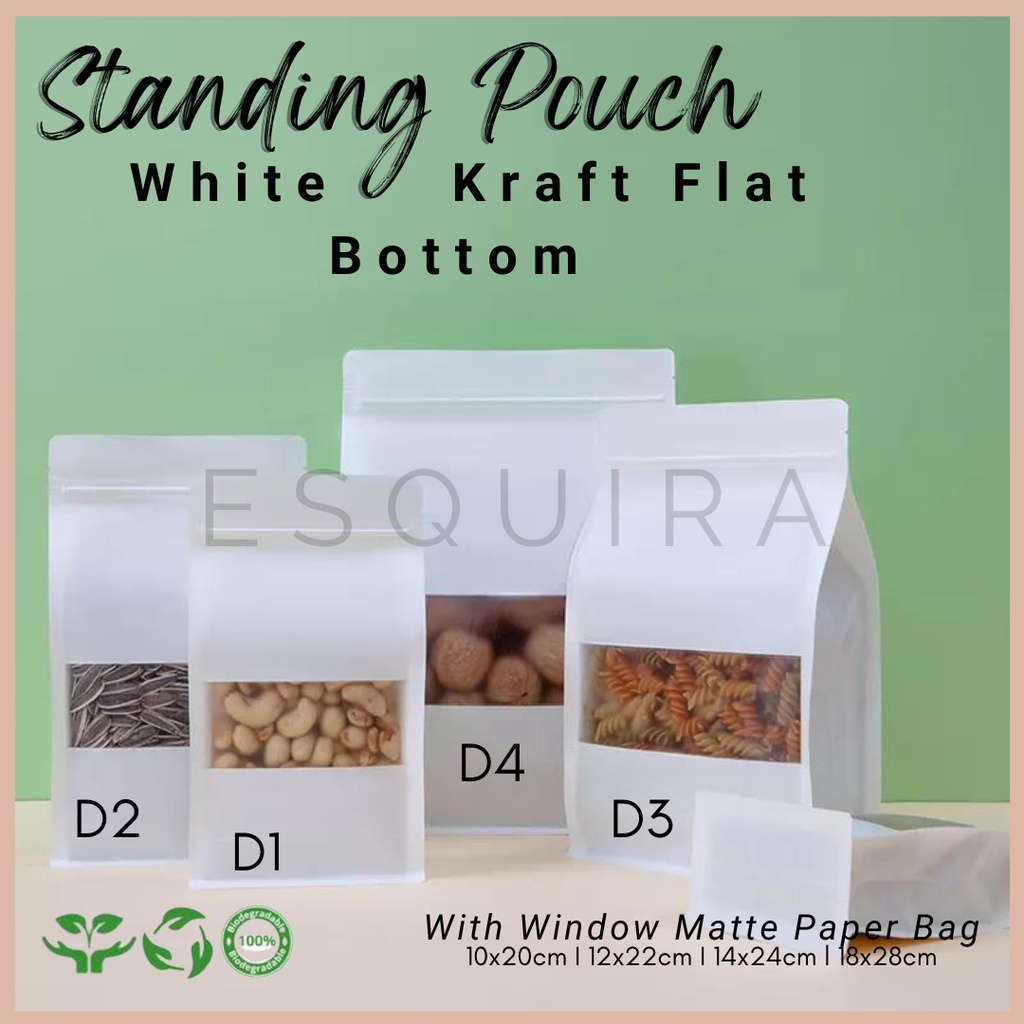 Eco Pack White Kraft Flat Bottom Standing Pouch Matte Window 10 PCS