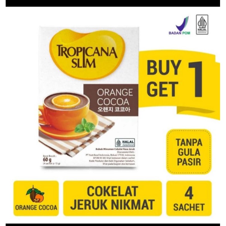 

tropicana slim orange cocoa 4 sachet tanpa gula pasir .. buy 1 get 1 .. jdi dpt 2