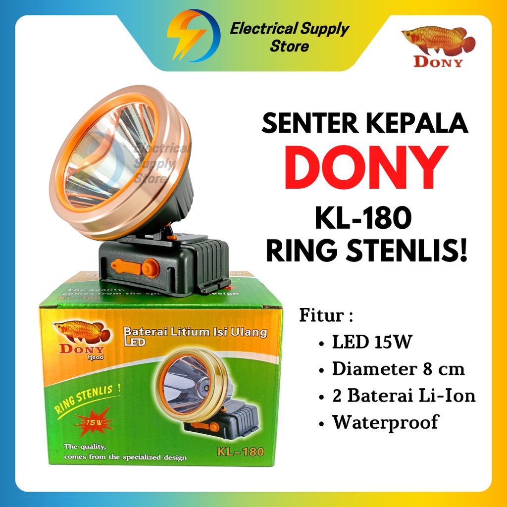 SENTER KEPALA DONY KL-180 | RING STENLIS | LED 15 W | TERANG | CAHAYA PUTIH &amp; KUNING