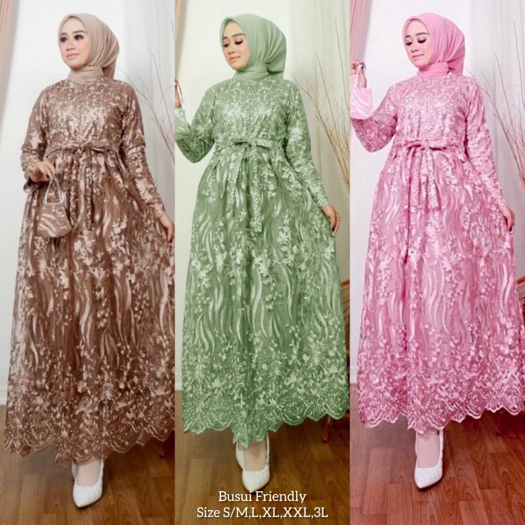 Lesya (New Product)Maxi Dress Brukat Tile Premium Full Depan Belakang /Gamis Pesta Kondangan/Free Masker+Tali Obi / Sleting Depan Busui  Friendly/Seragam Bridesmaid Brokat Mewah