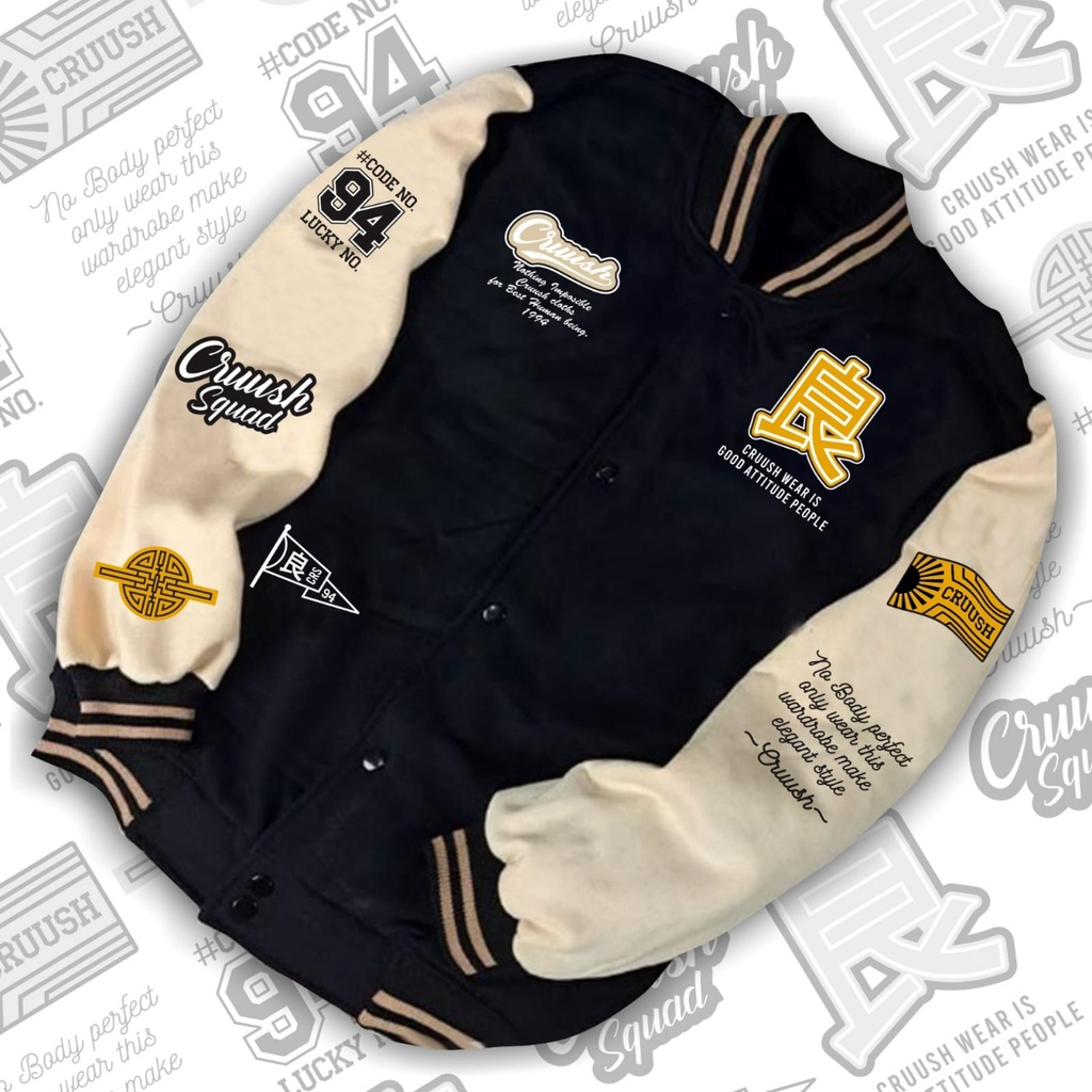 Jacket Varsity Baseball Hitam Cruush - Varsity Jacket Vintage Baseball Original Premium Distro
