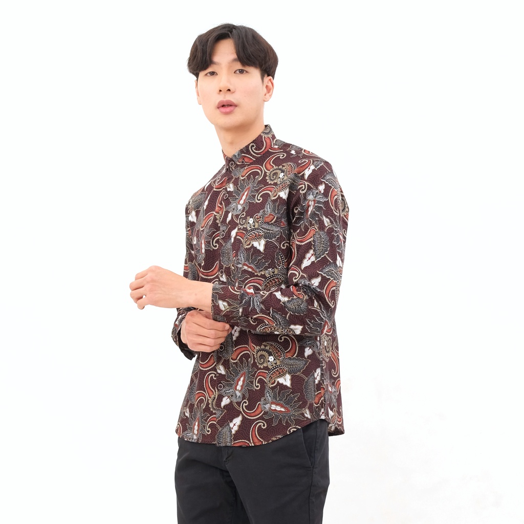 SANVANINA Baju Batik Pria Slim Fit Printing - Kemeja Batik Lengan Panjang Coklat Kuala E-6004