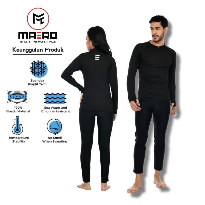 MAERO-BAJU RENANG SETELAN PANJANG UNISEX BLACK PRO PLAIN CODE SETZIP02