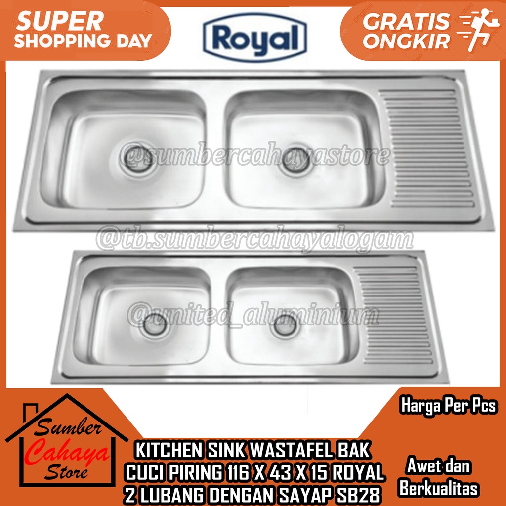 BAK CUCI PIRING STAINLESS 2 LUBANG UK 116CM WASTAFEL KITCHEN SINK DOUBLE ROYAL SB 28 SB28 DENGAN SAY