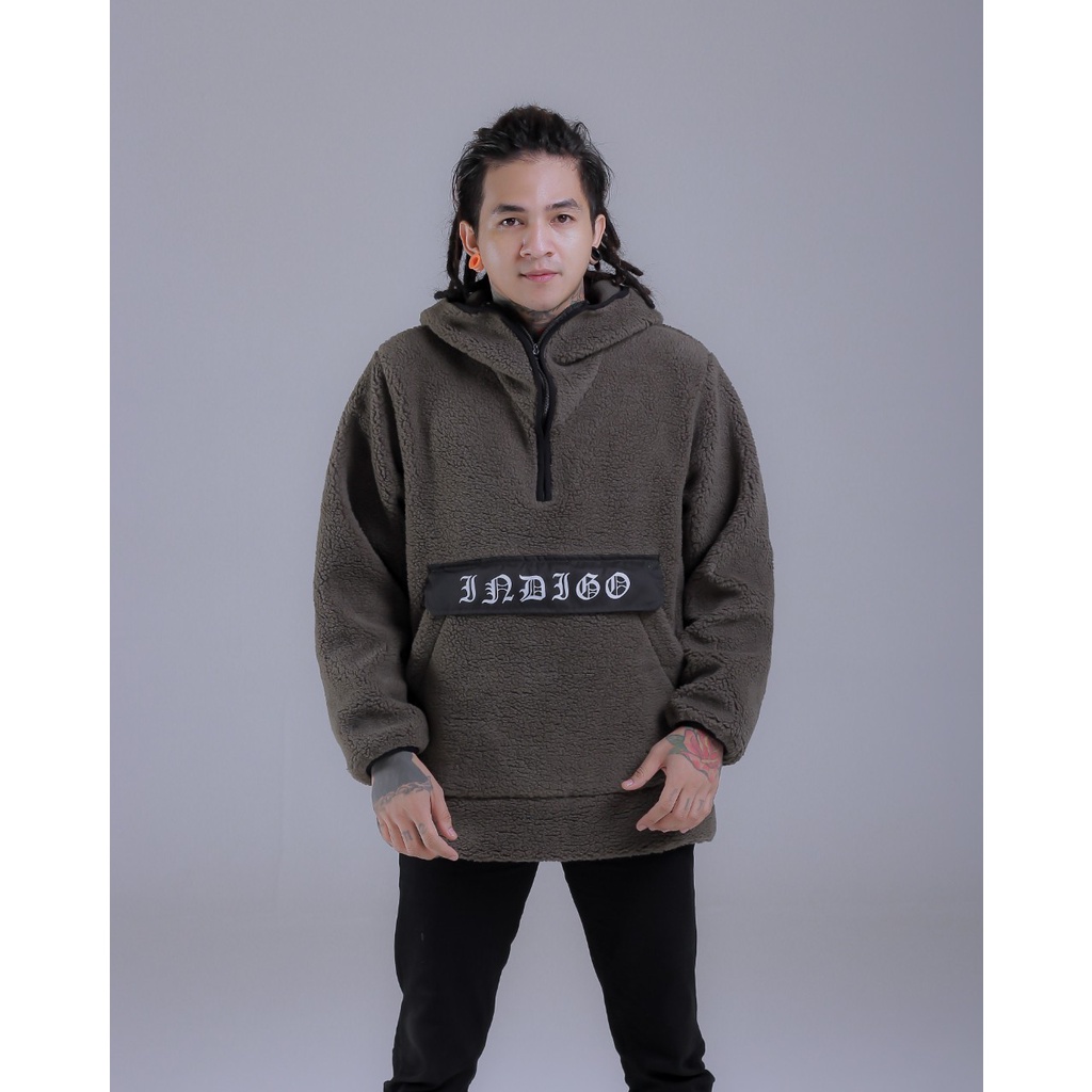 Indigo Sherpha Jacket Bulu Domba Model Hoodie Full Over M.L.XL Coklat Good Quality | Jaket Bulu Teba