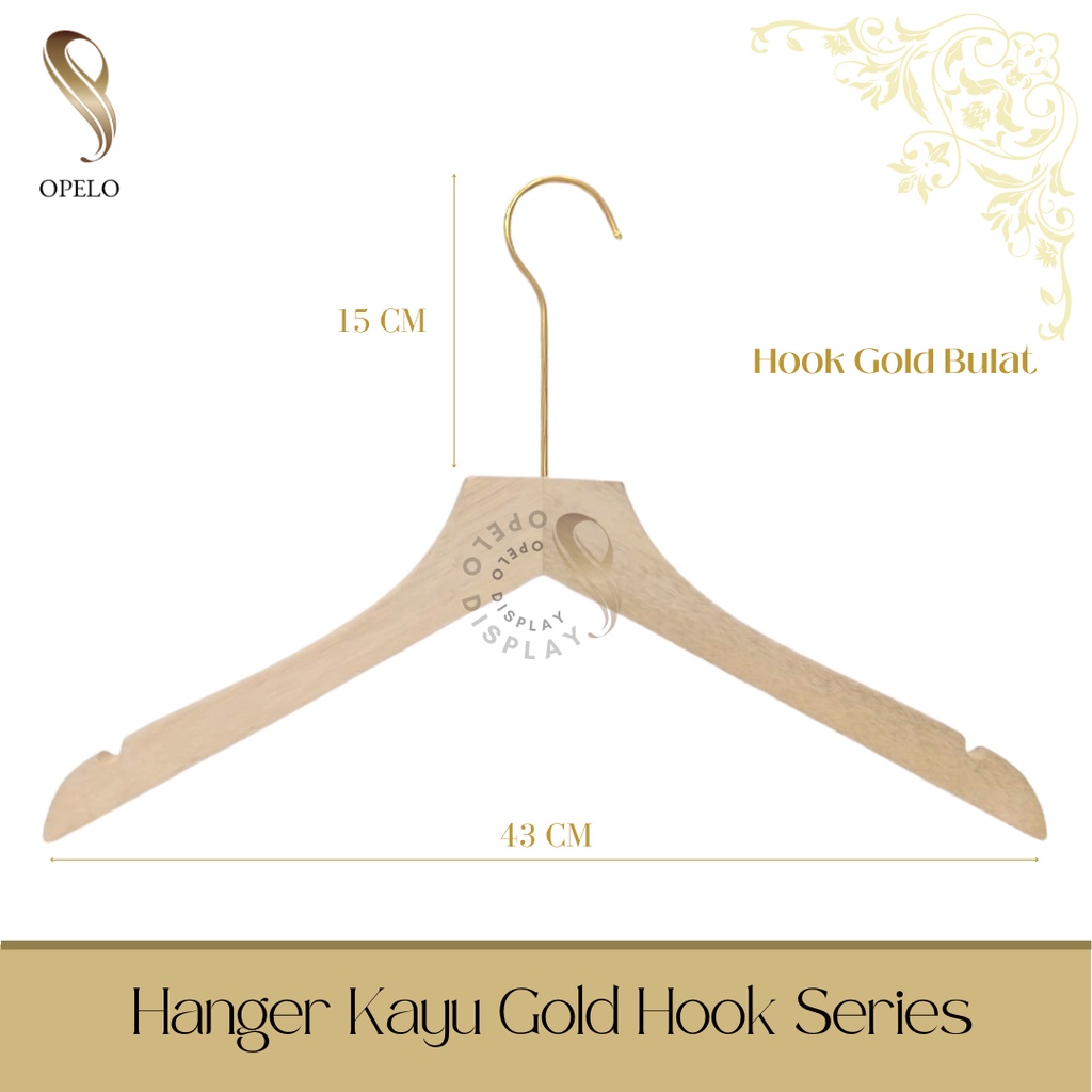 HANGER KAYU DEWASA HOOK GOLD BULAT PANJANG PREMIUM HUK BULAT EMAS (LKKR)