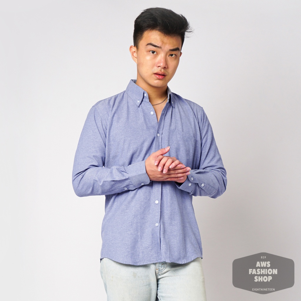819 Kemeja Pria Lengan Panjang Polos Biru Sedang Blue Oxford Basic SIMPLE Slimfit Casual Tersedia Ready Sampai Size JUMBO BIG SIZE XXL XXXL