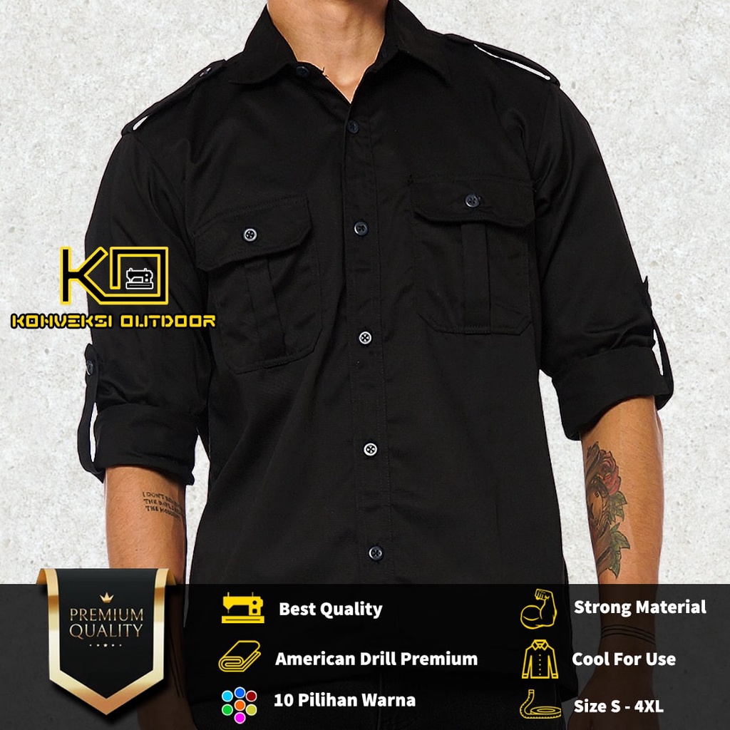 BAJU KEMEJA PDL LAPANGAN OUTDOOR INDOOR PRIA LENGAN PANJANG - Seragam Kerja Kantor Group Kemeja Lapangan Outdoor Gunung Taktikal Comunitas Kemeja Dinas PDH PNS Cargo Safari Paspampres Security Satpam Tactical Americand Drill American America - Warna Hitam