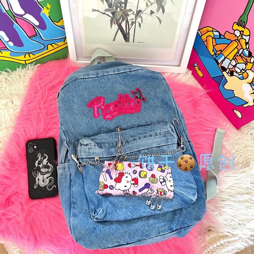 Sera Asli Y2K Cute Hello Kitty Kapasitas Besar Jahitan Denim Bumi Keren In Hot Gadis Single Bahu Ransel Wild High Street