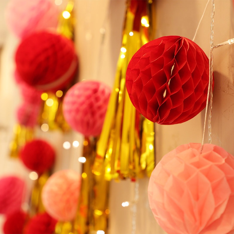 1 Pc Lampion Kertas Bulat Motif Sarang Lebah Warna Merah Gaya China Tradisional Untuk Dekorasi Pesta
