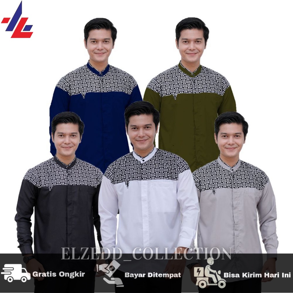 Kemeja Baju Koko Pria Lengan Panjang Hitam Putih Kombinasi Batik Seragam Hadroh Koko Falcon