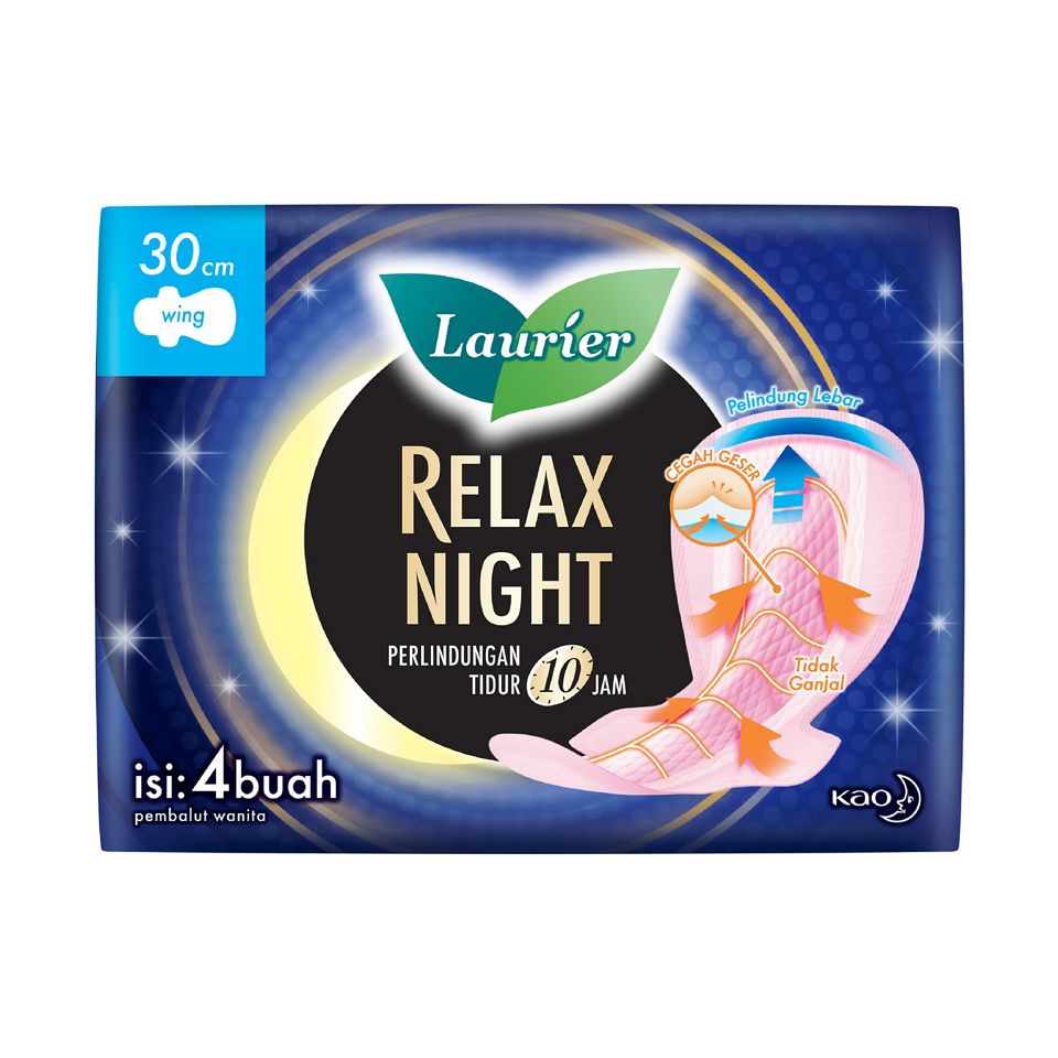 LAURIER RELAX NIGHT WING 30CM ISI  4  PADS   PEMBALUT WANITA SANITARY NAPKINS