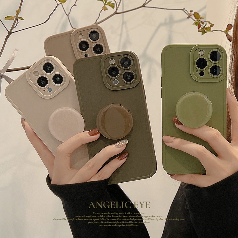 IPHONE Soft Case Pelindung Kamera Warna Murni IP Iphone7 8 14 Plus 7+ 8+ X XR SE 2020 XS Max 11 12 13 14 Pro Max Sarung Handphone mini Dengan Popsocket Phone Holder Bumper Tahan Shock