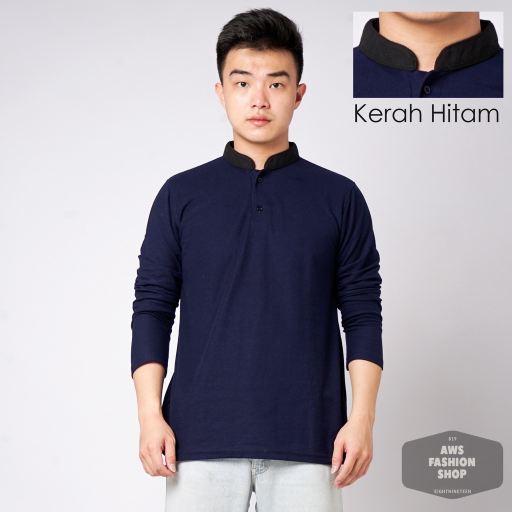 819 Kaos Polo Pria Polo Shirt Kerah Shanghai Lengan Panjang Warna Biru Navy Blue Casual Tersedia Ready Sampai Size JUMBO BIG SIZE XXL XXXL