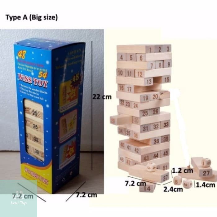 Family Game Wiss Toy-54 Besar Uno Stacko Kayu 54 Balok Tinggi 18Cm + 4 Dadu