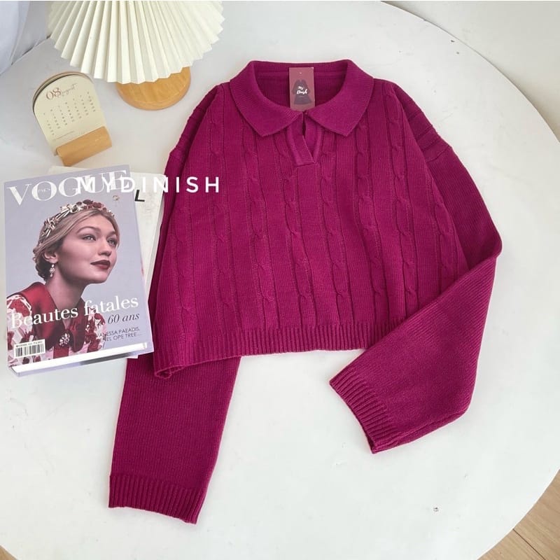 Vania Crop Cable blouse rajut / atasan polo berkerah / KNITWEAR PREMIUM