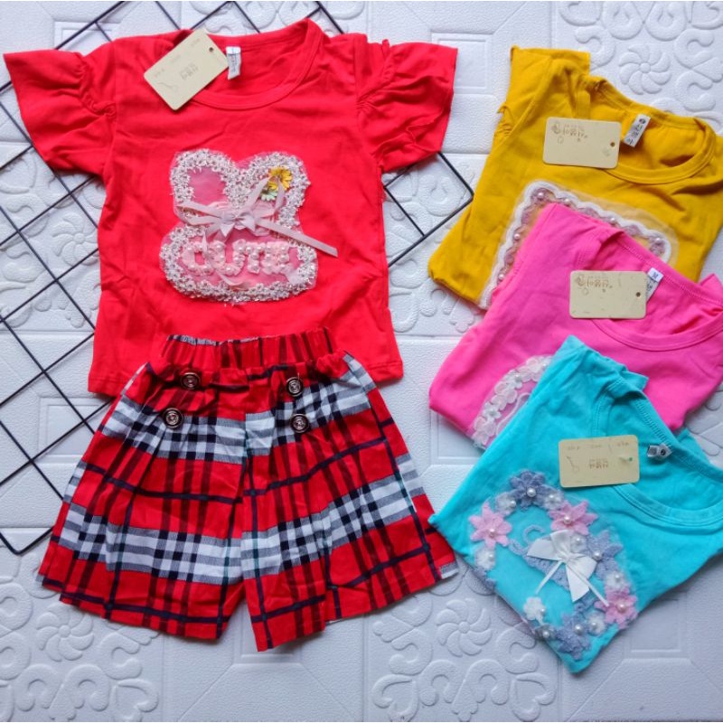 [0-4t] baju anak perempuan setelan celana pendek katun import 0-4 tahun MOTIF RENDA CHERRY / baju setelan celana anak cewek import kondangan motif CHERRY