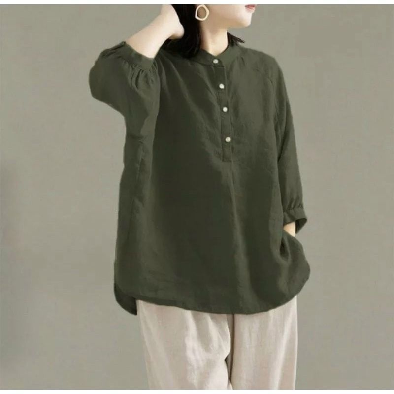 Happy Bahan Linen Kemeja Blouse Wanita Jumbo LD 120 Lengan 3/4 Korean Style