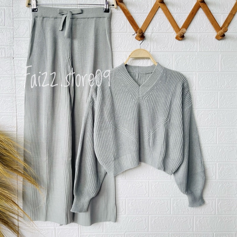 ONE SET HAYANA SWEATER CROP TOP SIDO BOLONG SETELAN CELANA KULOT RAJUT