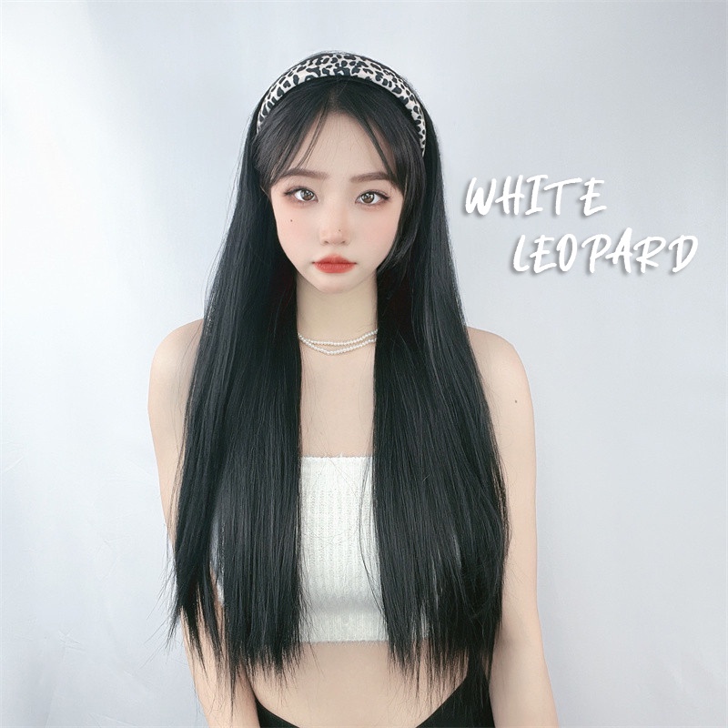 Wig Bando Cantik Wanita Motif Leopard Long Straight Natural Hair Korean Version