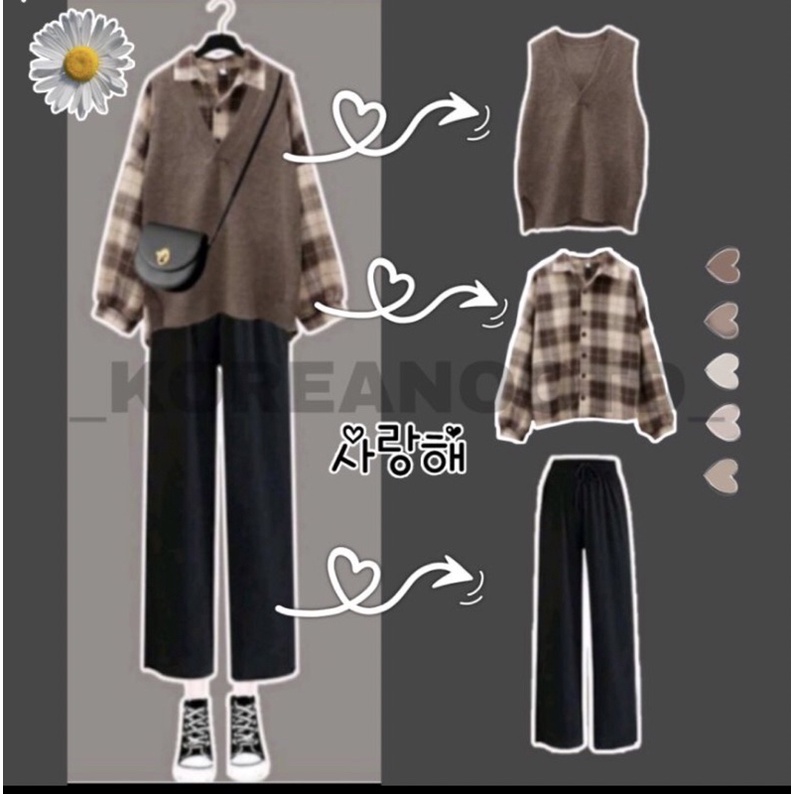Satu Set style korea kekinian (Kemeja + celana + Rompi)