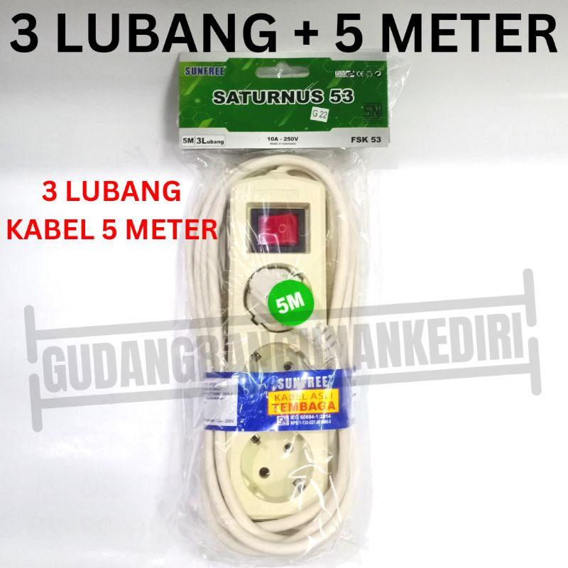 Stop Kontak Sunfree Kabel 5 Meter 3 Lubang Colokan Listrik Jupiter saturnus Sunfree 53