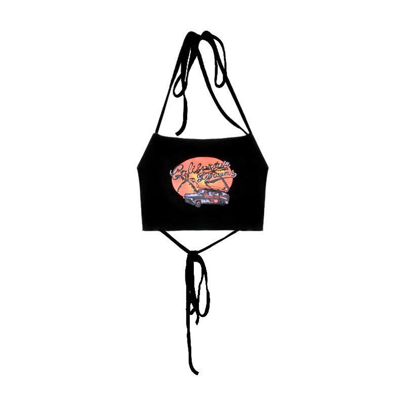 Red kumikumi hitam menggantung leher sling wanita rasa desain tali cetak rompi musim panas pendek tabung top top