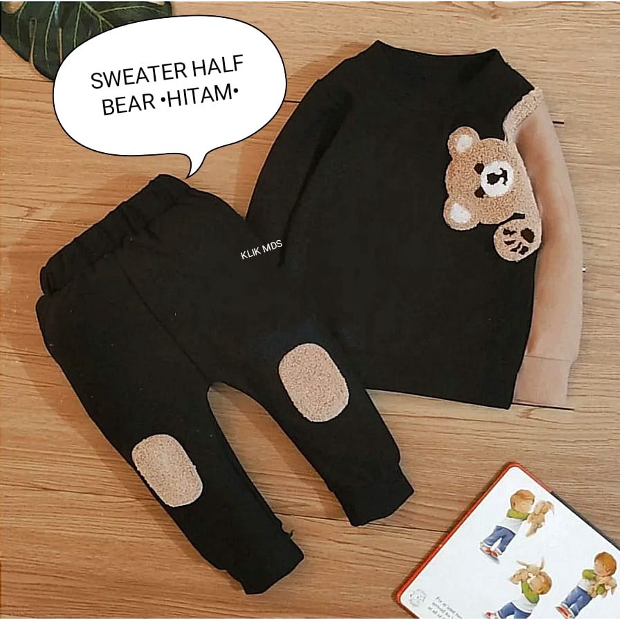 Setelan Anak Cowok - Baju Bayi Laki - Laki Model Sweater Tangan Panjang Celana Panjang Motif Half Bear Usia 6 Bulan-3 Tahun