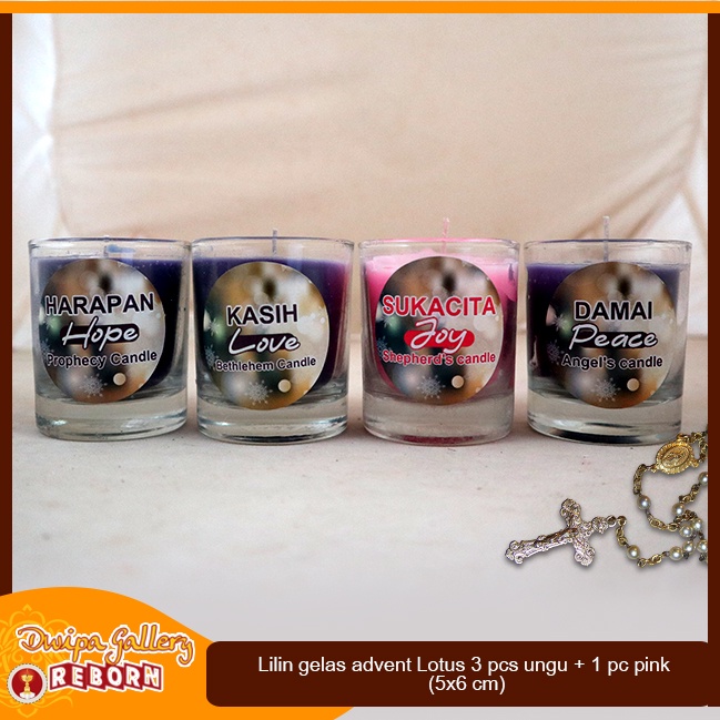 Lilin gelas advent/adven Lotus 3 pcs ungu + 1 pc pink (5x6 cm)