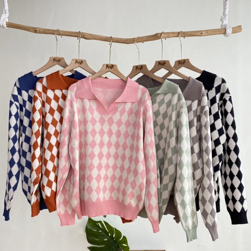 Knit Sweater Kerah Motif / Sweater Rajur Kerah Wanita Import