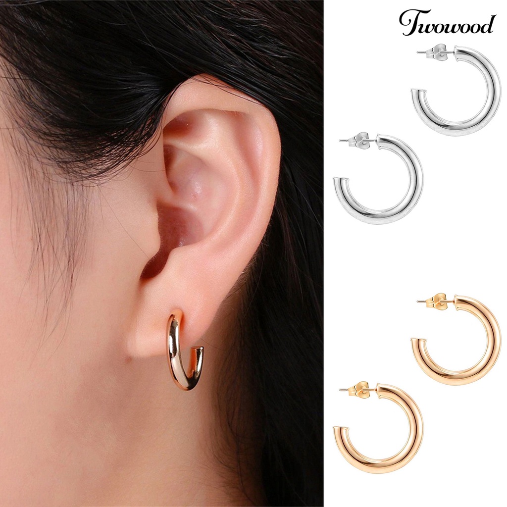 1 Pasang Anting Hoop Bentuk C Geometris Bahan Tembaga Lapis Emas Hypoallergenic