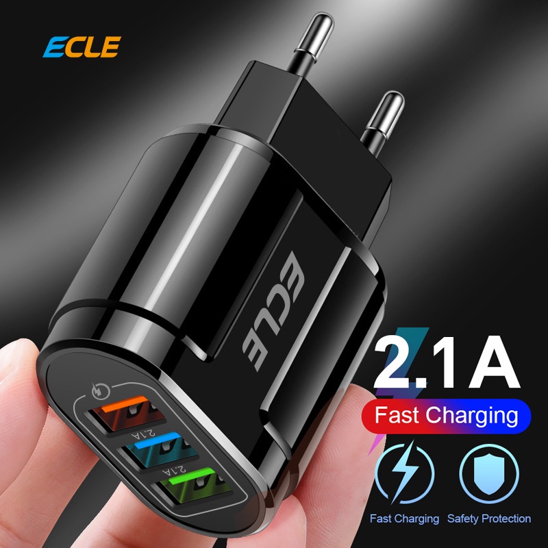 ECLE 3 USB Port Charger QC3.0 Fast Charging Power Oval 2.1A Casan