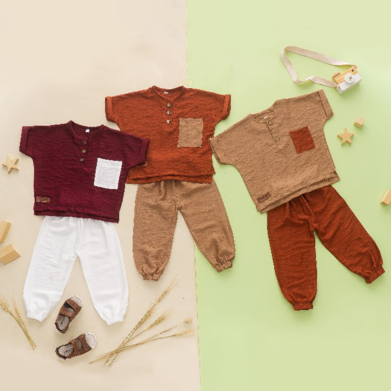 2-6 Tahun Setelan Koko Anak HIJAAZ | Set Koko Anak Linen Crinckle LINEN ANGEL PREMIUM | Setelan Anak Laki laki Baju dan Celana Jogger Keren