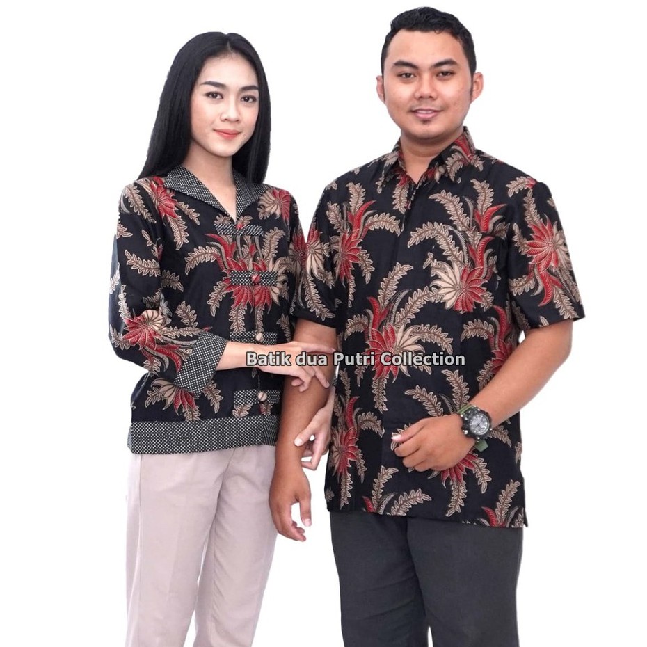 Couple Batik Atasan Wanita Kemeja Pria Polkadot Kombinasi By Batik Dua Putri Collection