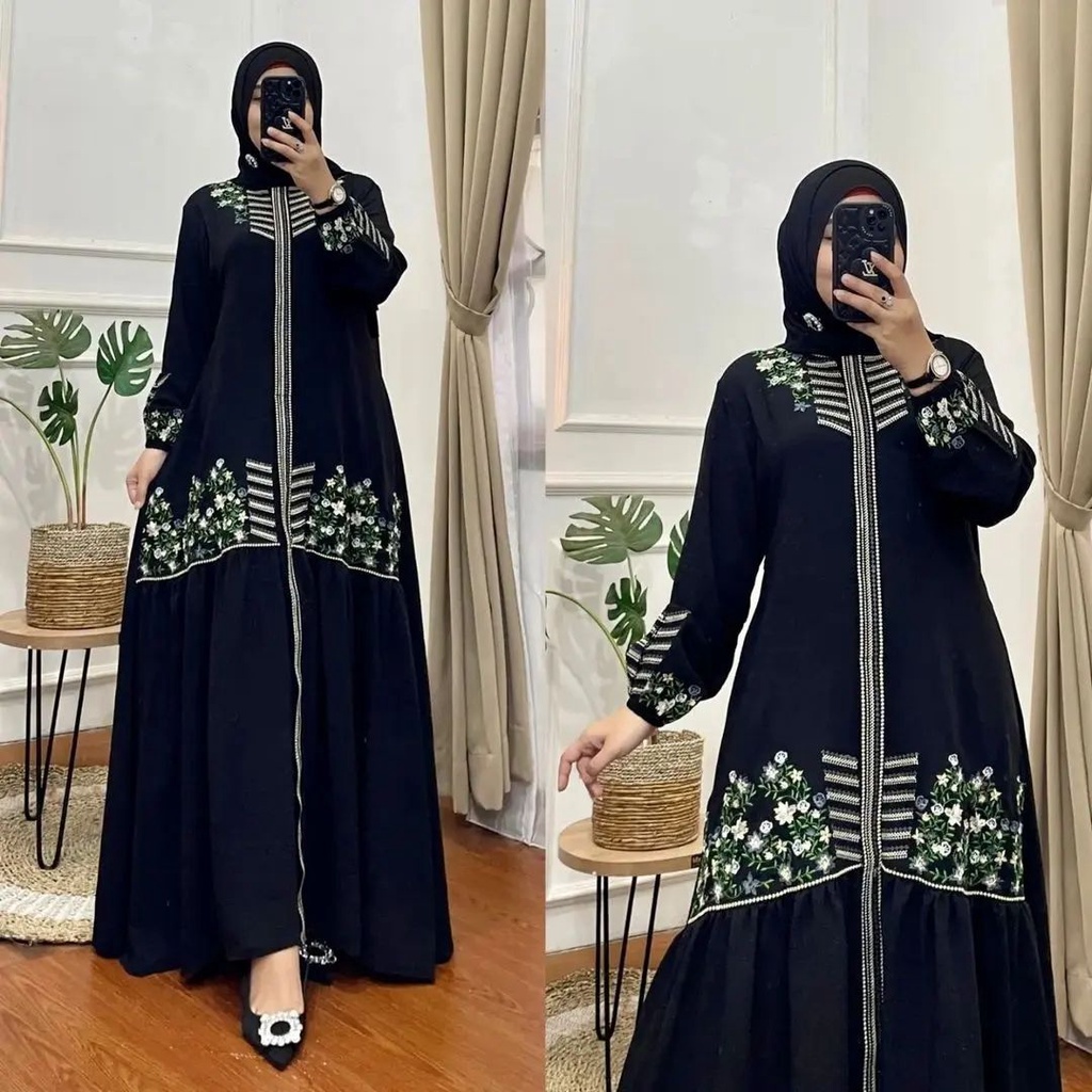 Elbina Dress Gamis Crincle Mix Bordir Premium LD 110 Dress Wanita Muslimah Kekinian Dress Viral OOTD Outfit Wanita Mewah Style Wanita Modis FASHION  Muslimah