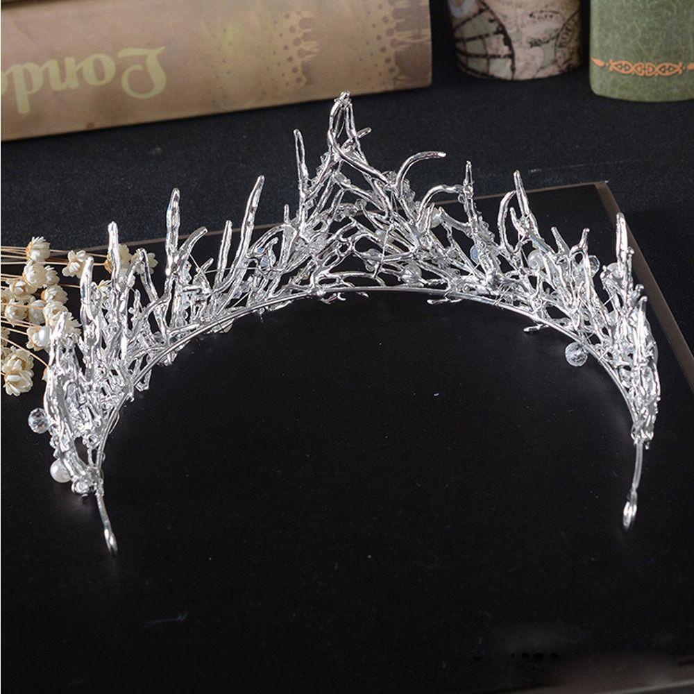 NEEDWAY Mahkota Cabang Pengantin Wanita Elegan Indah Vintage Mutiara Pernikahan Fashion Perhiasan Tiara Alloy Baroque Gaya Korea Ikat Kepala