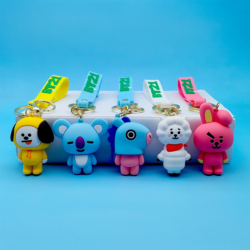 Bt21 3D Gantungan Kunci BTS Lucu Kartun Keyring Untuk ID Badge Case Holder Dekorasi Sling Aksesoris Anti-Hilang