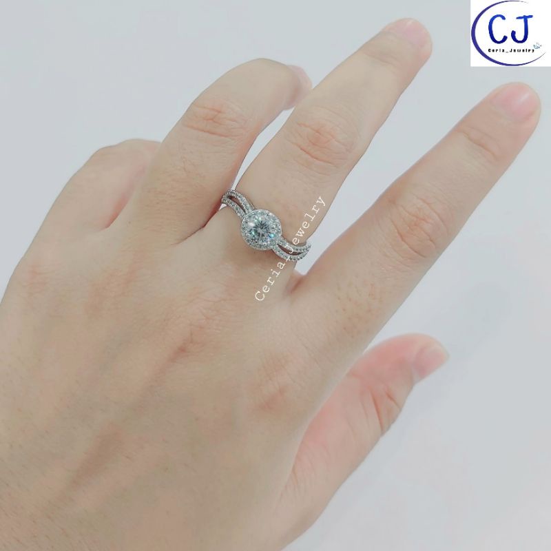 Cincin Perak Asli Wanita Silver 925 Lapis Emas Putih Model Bulat Permata Gelombang - Perhiasan Perak Asli