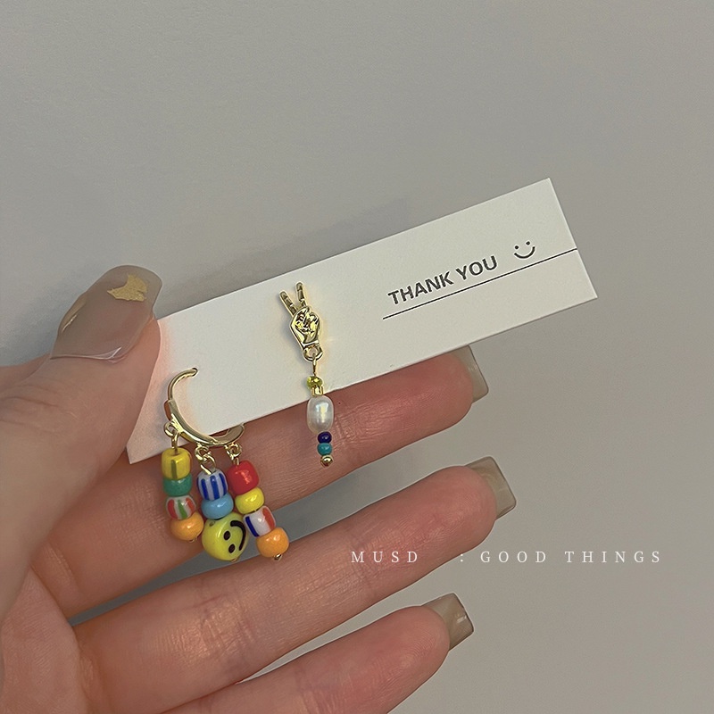 Anting Gantung Panjang Tusuk Asimetris Motif Geometri Aksen Manik-Manik Untuk Perhiasan Wanita