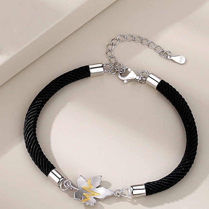 Gelang Tali Tenun Tangan Warna Hitam Aksen Daun Maple Emas Gaya Korea Untuk Hadiah Hari Valentine
