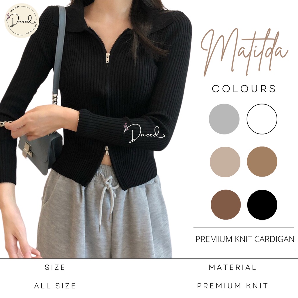 Dneeds - Matilda Cardigan Jacket Wanita Collar Double Zip Knit - Sweater Outer Jaket Wanita Lengan P