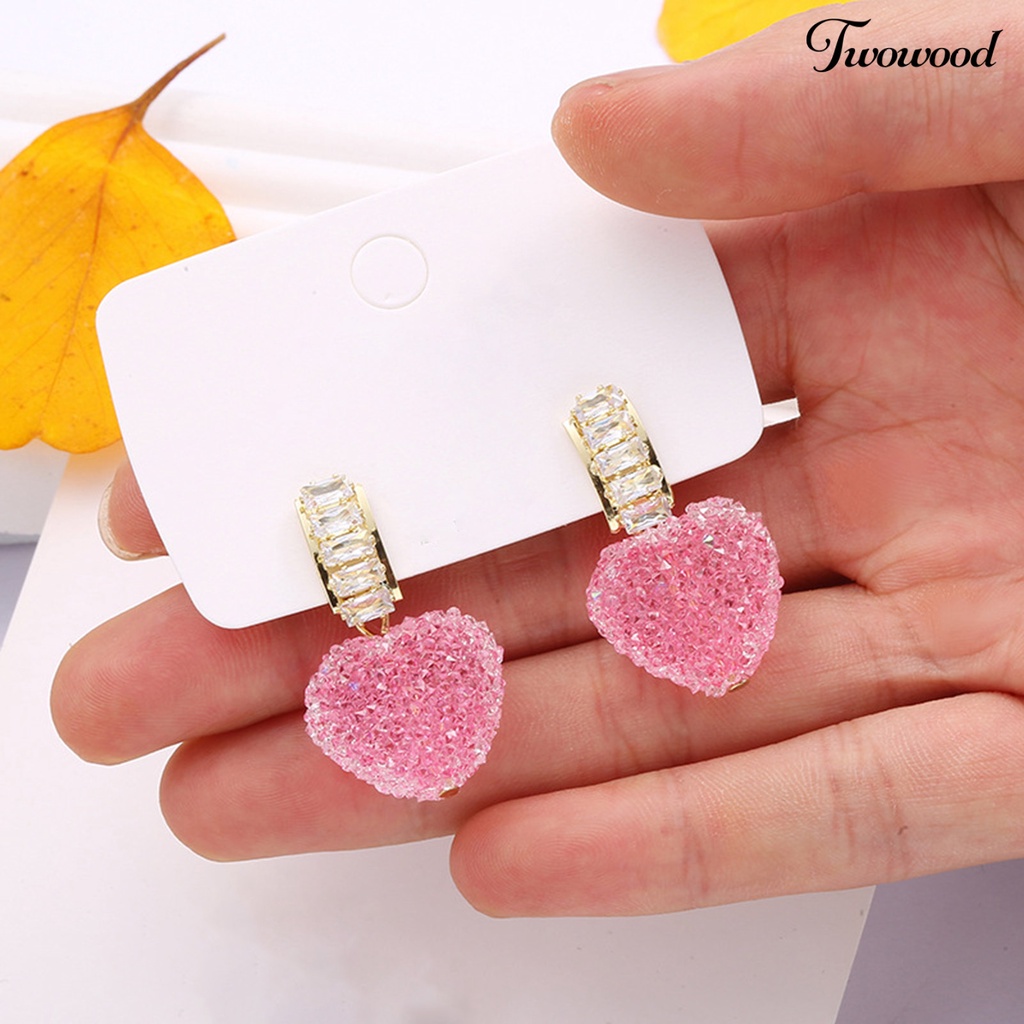 1 Pasang Anting Stud Liontin Geometris Kubik Zirkonia Anti Pudar Warna Pink Fudge Love Untuk Wanita